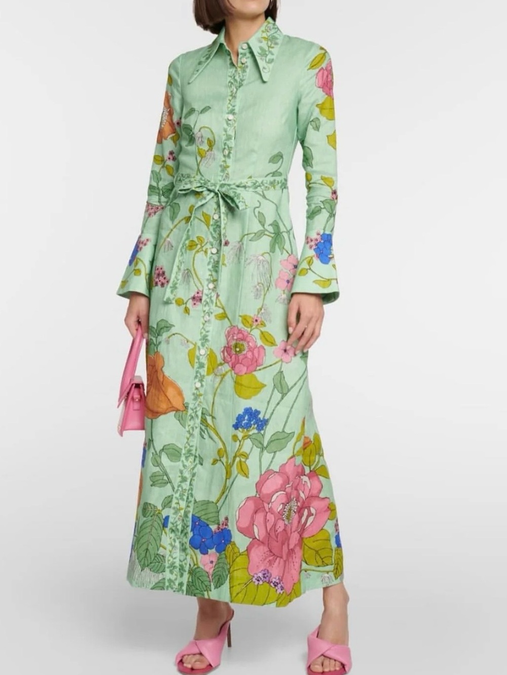 Alemais Mint Floral Long Sleeve Maxi Shirt Dress